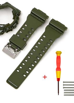 Ремінець + безель для casio g-shock ga-100 army green-glossy si, зелений полімерний набір