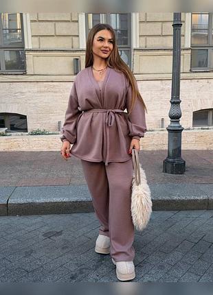 Женский теплый костюм с двусторонней ангары, женский ангоровый костюм брюки и кардиган с поясом, женский костюм ангора с кардиганом и брюками