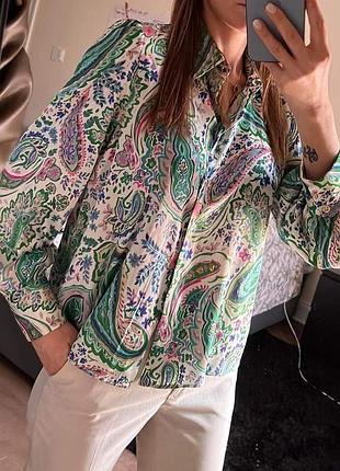 Сорчка сатинова в принт , квіти та візерунки , zara, розмір xs