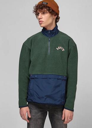 Чоловіча флісова кофта levi's quarter zip зелена з синіми вставками
