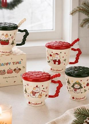Набір чашок з кришками та ложечками merry christmas 380 мл 4 шт 19410-013