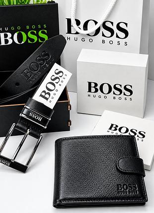 Чоловічи шкіряний гаманець boss чорне портмоне з застібкою на кнопку в подарунковому наборі з ремнем з натуральної шкіри пояс