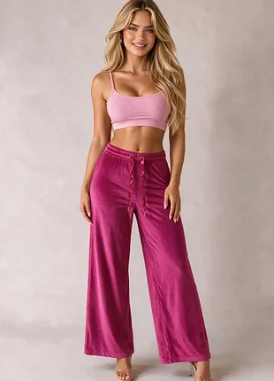 Бархатные брюки палаццо розовые теплые 🎀 на микрофлисе велюровые 💖 chicorée xl 🌸 широкі домашні батал на резинці