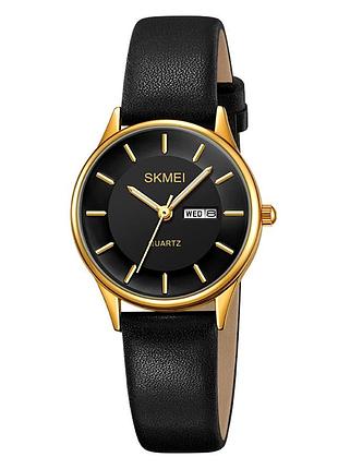 Жіночий класичний годинник skmei 2251gdbk gold-black з мінеральним склом та шкіряним ремінцем