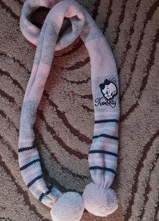Шарф для дівчаток з принтом tweety, в'язаний, рожевий та сірий