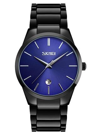Мужские классические часы skmei 9140bkbu black-blue с металлическим браслетом и синим циферблатом