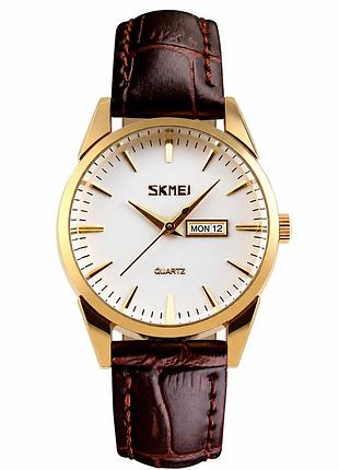 Жіночий класичний годинник skmei 9073gdwt-s gold-white з білим циферблатом та шкіряним ремінцем