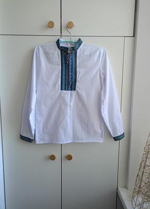 Вишиванка для хлопчика з синьо-жовтим орнаментом, біла, зріст 152