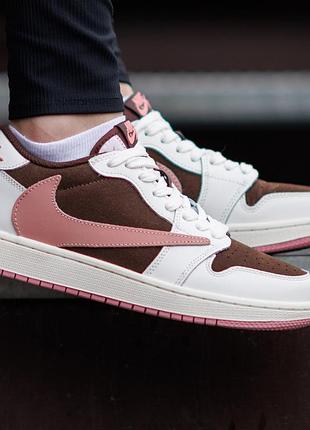 Женские кроссовки nike air jordan 1 low x travis scott nd коричневые повседневные с натуральной замши найк аэр джордан
