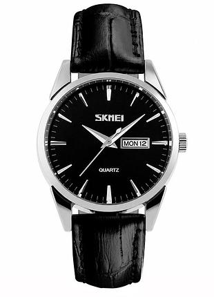 Жіночий годинник skmei 9073sibk-s silver-black lady класичний зі шкіряним ремінцем
