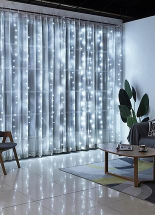 Світлодіодна гірлянда штора роса на дроті 3х2 м 200 led пульт + usb холодний білий