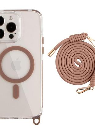Чохол crossbody зі шнурком tpu+pc з magsafe для iphone 14 pro max світло-кричневий (7)