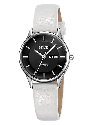 Женские часы skmei 2251siwt silver-white с серебристым корпусом и белым кожаным ремешком