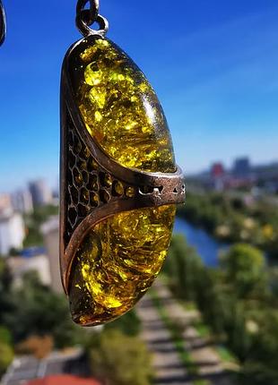 🔥 масивний вінтажний срібний комплект із зеленим оливковим бурштином (сержки + каблучка) 875 проба