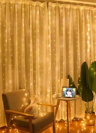 Светодиодная гирлянда штора роса на проводе 3х2 м 200led пульт + usb теплый белый