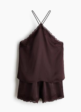 Атласна коричнева майка з мереживом h&m шоколадна атласна майка в білизняному стилі
