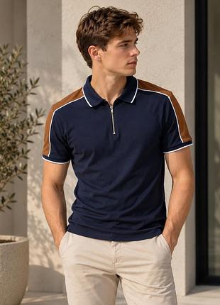 Чоловіче поло next m slim fit темно-синє з коричневими вставками та блискавкою