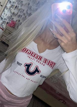 Жіночий лонгслів true religion білий з принтом
