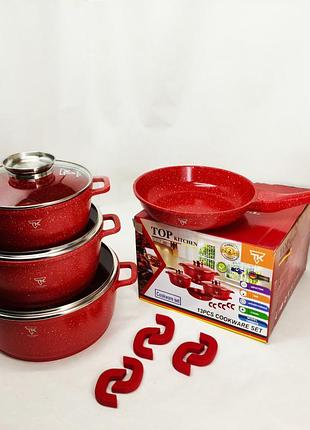 Набір посуду top kitchen tk00076 з мармуровим покриттям 7 предметів 1 сковорода 3 каструлі з кришками rk-36