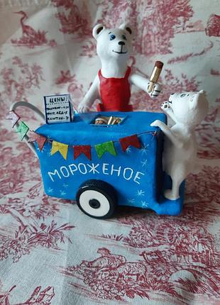 Авторская ручная работа новогодняя игрушка елочная украшение подарок на праздник мишки с мороженым в стиле ретро винтаж