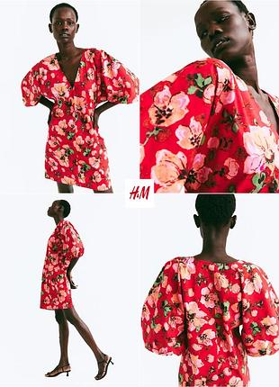 Платье с v-образным вырезом рукавами буфами и цветочным принтом h&m