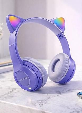 Беспроводные наушники с кошачьими ушками и лед подсветкой cat ear y47 led, bluetooth наушники с микрофоном сиреневый