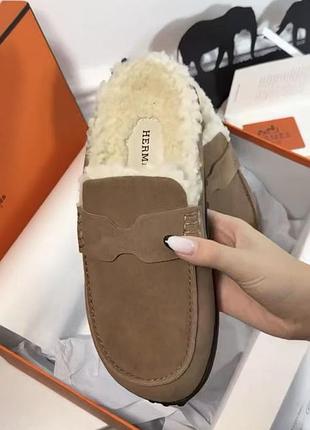 Мюлі сабо теплі замша коричневий колір hermes