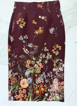 Спідниця zara woman міді бордова з квітковим принтом, s