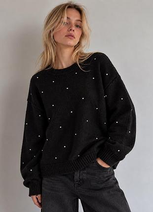 Чорний в’язаний светр h&m зі стразами