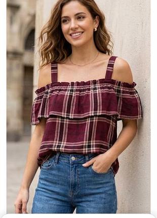 Топ жіночій літній new look з  бретелями розмір 36 100% віскоза новий  відкриті  плечи з оборкою та коротким рукавом свободний картатий