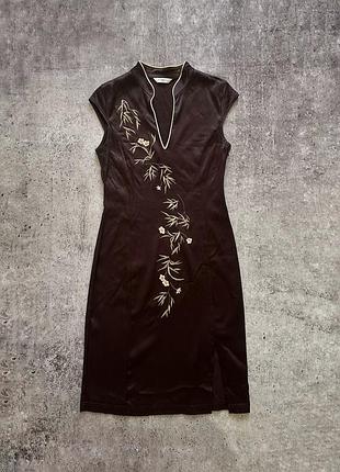 Сукня жіноча в китайскому стилі з китайською вишивкою oriental chinese dress з розрізом на нозі віскоза new look m коричневий