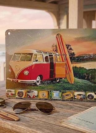 Металлическая винтажная табличка vw t1 bulli серфинг volkswagen автобус декор 14х20 см
