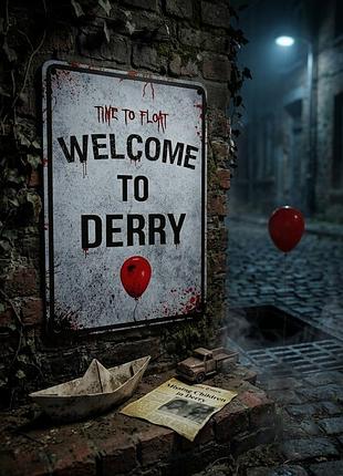 Металлическая винтажная табличка оно it стивен кинг welcome to derry pennywise постер декор 14х20 см
