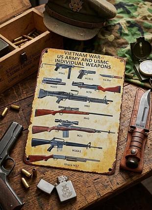 Металлическая винтажная табличка оружие вьетнам vietnam war m16 colt m1911 m60 постер декор 14х20 см