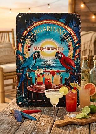 Металлическая винтажная табличка margaritaville коктейли попугаи бар пляж декор 14х20 см