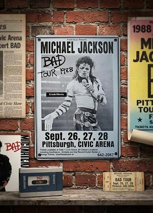 Металлическая винтажная табличка майкл джексон michael jackson bad tour 1988 постер музыка декор 14х20 см