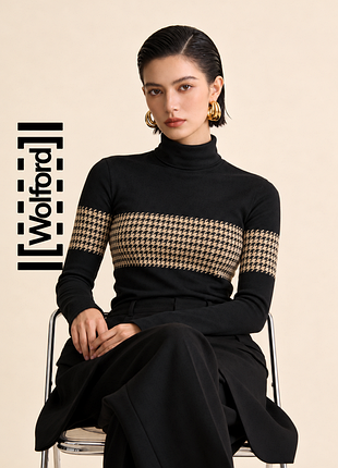 Wolford бесшовный люксовый джемпер гольф водолазка премиум сегмента с принтом в гусиную лапку