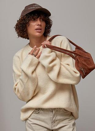 Вязаный женский джемпер oversize с круглой горловиной - бежевый цвет, one size (имеют размеры)