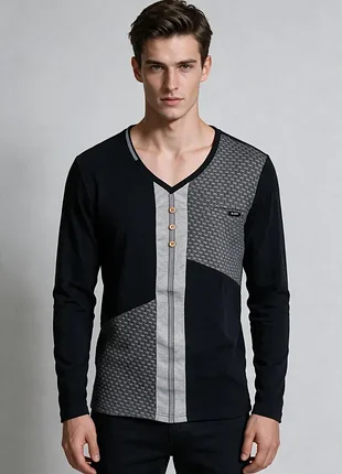 Лонгслів чоловічий чорний 👕 еластичний трикотаж бавовна 🧵 chess salsa jeans ⚡ реглан з v-вирізом джемпер