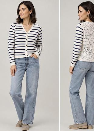 Женская стильный кардиган в полоску с кружевной спинкой zara размер xs-s | женская трикотажная кофта в морском стиле