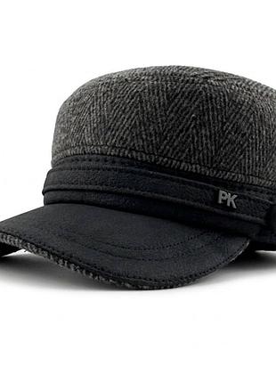 Мужская кепка нимка paskat из итальянской шерсти с козырьком из экозамши и откидными ушами (серая)