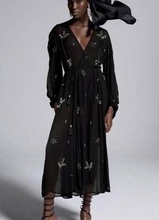 Платье кимоно шифоновое с вышивкой бисером zara
