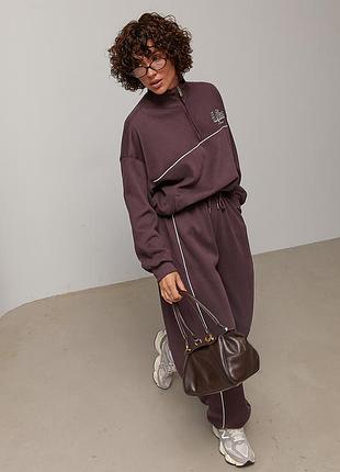Теплий спортивний костюм oversize з контрастним кантом - баклажан цвет, s/m (є розміри) m/l