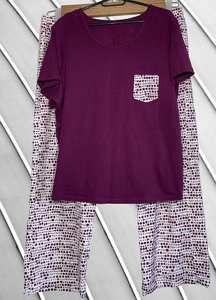 Женская хлопковая пижама f&amp;f eu 48 50 xl 2xl 50 52 фэндф фиолетовая футболка и штаны в горошек панама комплект f&amp;f 48 50