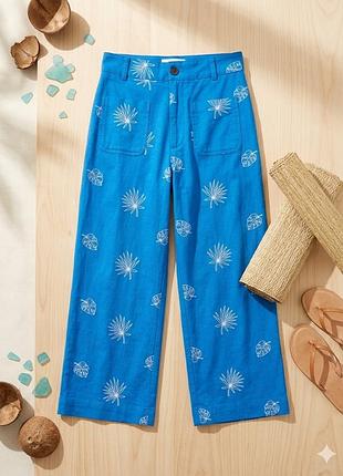 Яркие синие льняные брюки кюлоты с вышивкой zara размер s