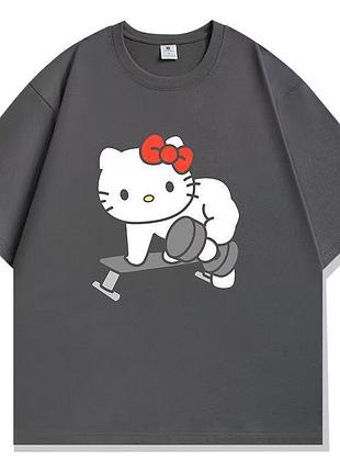 Мужская спортивная футболка-оверсайз с принтом "hello kitty в тренажерном зале" 54 размер, темно-серая (10674) 54