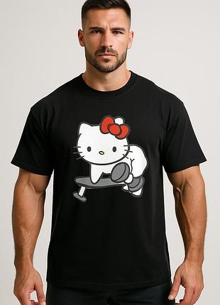 Футболка унисекс оверсайз с принтом "hello kitty в тренажерном зале" 54 размер, черная (10628) 54