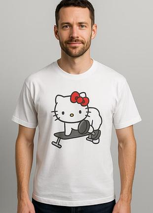 Мужская спортивная футболка-оверсайз с принтом "hello kitty в тренажерном зале" 54 размер, белая (10630) 54