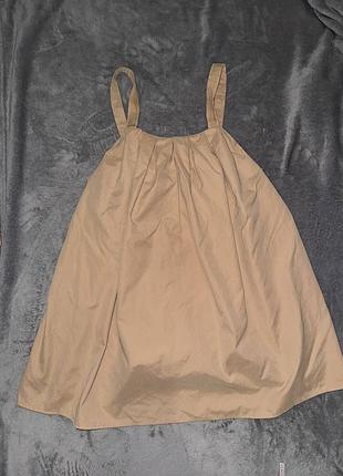 Бежевый топ от бренда zara свободного силуэта (трапеция/babydoll) с широкими бретелями и плиссировкой (складками) на груди
