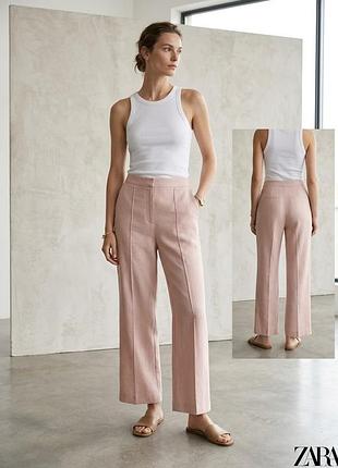 Льняные широкие брюки zara пудрового цвета, размер xl (100% плотный лен)